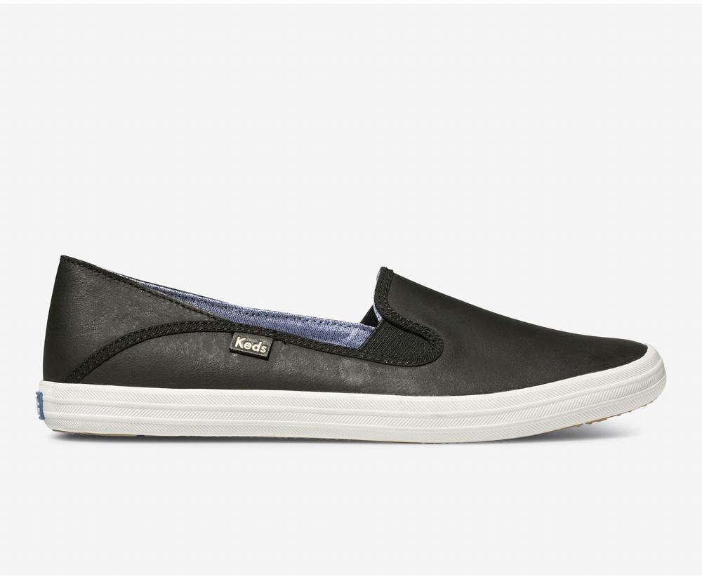 Women's Keds Crashback Leather Slip Ons Black 0189627GV - South Africa